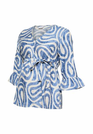 Sinine ja valge abstraktse keerise mustriga rasedusblus koos kolmveerandvarrukatega, millel on volangid, ja vöönaise.