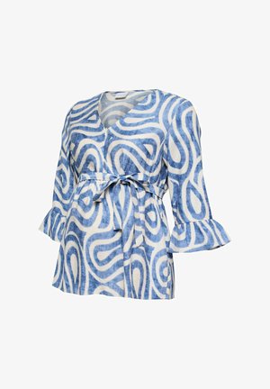 Sinine ja valge abstraktse keerise mustriga rasedusblus koos kolmveerandvarrukatega, millel on volangid, ja vöönaise.