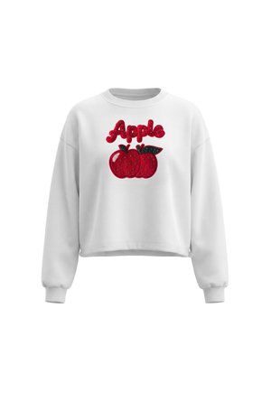 Hvid langærmet sweatshirt med rød paliet-tekst "Apple" og to røde paliet-æbler med grønne blade foran.