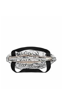Czarna i biała torba na ramię w kwiatowy wzór, wykonana z tkaniny, z zamkiem błyskawicznym na górze i dwoma czarnymi uchwytami. Płaski profil z zaokrąglonymi krawędziami.