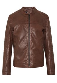 Hnědá kožená bunda s stojáčkem, předním zipem, žebrovaným zdobením na ramenech a rukávech a bočními zipovými kapsami.