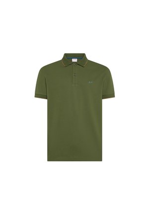 Olive green short-sleeve polo shirt with two buttons, small blue embroidered logo on chest, and contrasting brown trim on collar and sleeve edges.