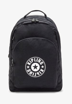 Black backpack made of durable fabric featuring a large circular white logo with a star. Two zippered compartments and a top handle.