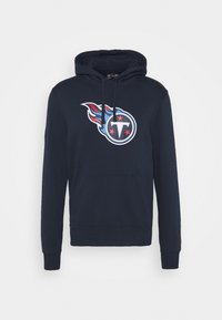 Felpa con cappuccio blu navy in misto cotone. Presenta una tasca frontale e un logo grafico con fiamme rosse e blu.