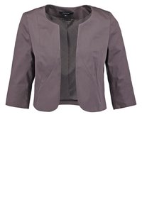 Blazer marron femme court avec manches trois-quarts et devant ouvert, avec une doublure intérieure à pois subtile.