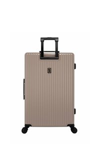 Harde koffer met verticale ribbelstructuur, metallic taupe kleur, zwarte uitschuifbare handgreep en vier zwarte wielen voor mobiliteit.