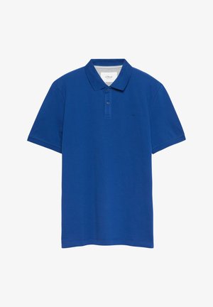 Blaues kurzärmeliges Poloshirt mit zwei Knöpfen und Kragen, mit dezentem Markenlogo auf der Brust.