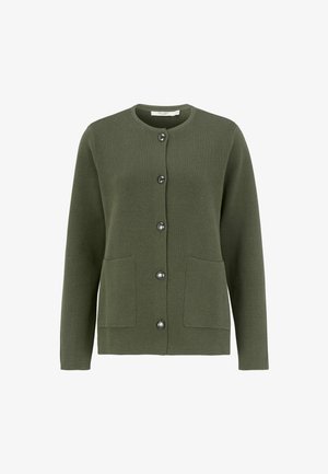 Grøn cardigan med rund halsudskæring, seks knaplukninger og to forlommer. Fremstillet af struktureret strikket stof med en glat overflade.