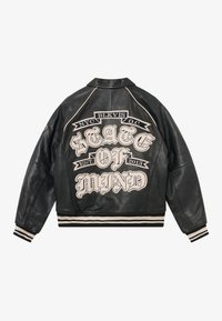 Black leather bomber jacket featuring large embroidered text on the back, with striped ribbed cuffs and waist.