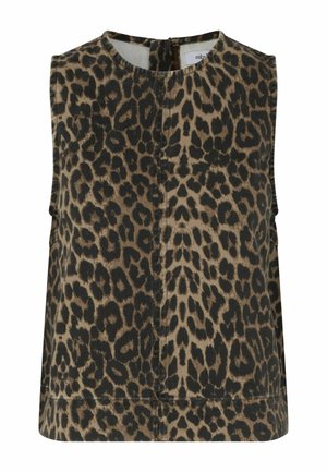 Bemozdžiai palaidinė su apvalia apykakle ir rudos-juodos leoardo spaudos raštu ant audinio.