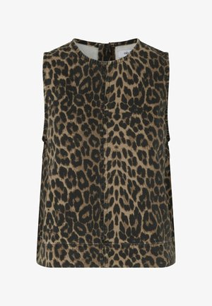 Bemozdžiai palaidinė su apvalia apykakle ir rudos-juodos leoardo spaudos raštu ant audinio.