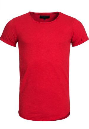Rød bomulds t-shirt med rund halsudskæring, korte rullede ærmer og en let buet kant. Stoffet har en subtil tekstur og er tætsiddende.