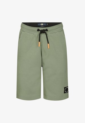 Hellgrüne Shorts aus weichem Material mit elastischem Bund und Kordelzug. Sie verfügen über zwei Seitentaschen und einen Logo-Patch am Saum.