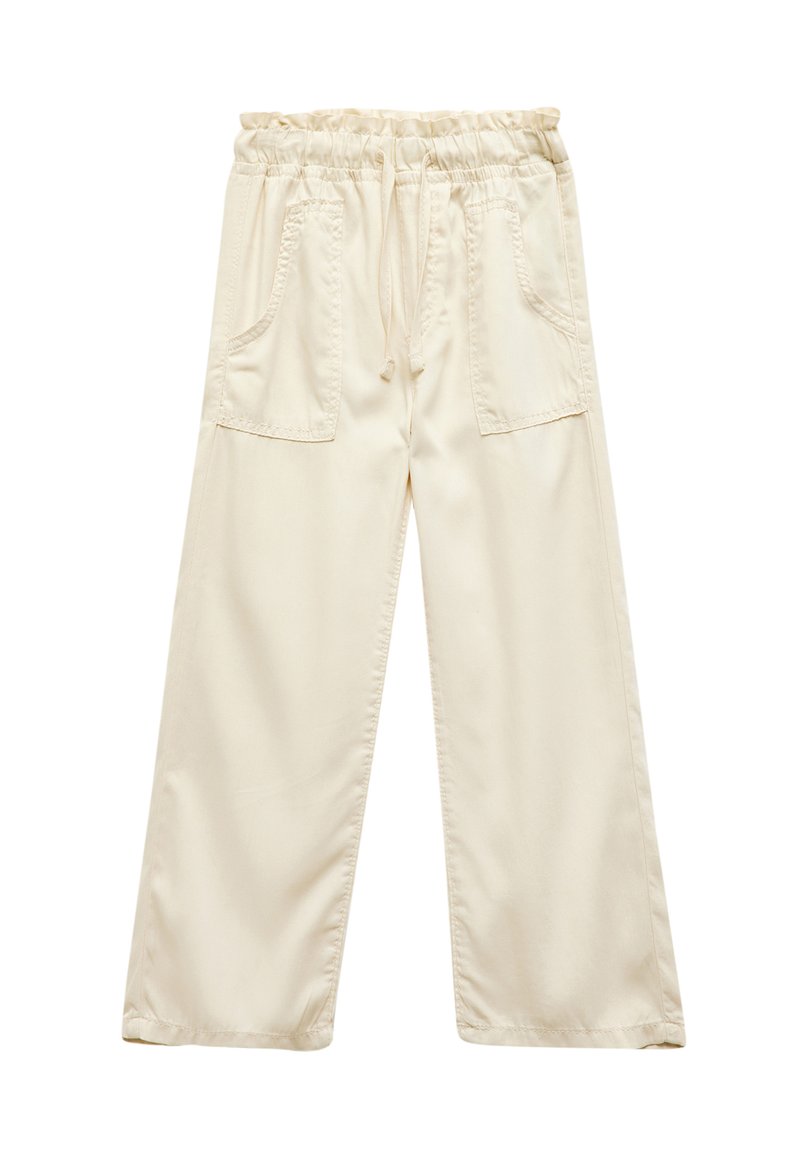 Pantaloni larghi beige chiaro realizzati in tessuto morbido, con vita elasticizzata e cordoncino di regolazione, e due tasche frontali.