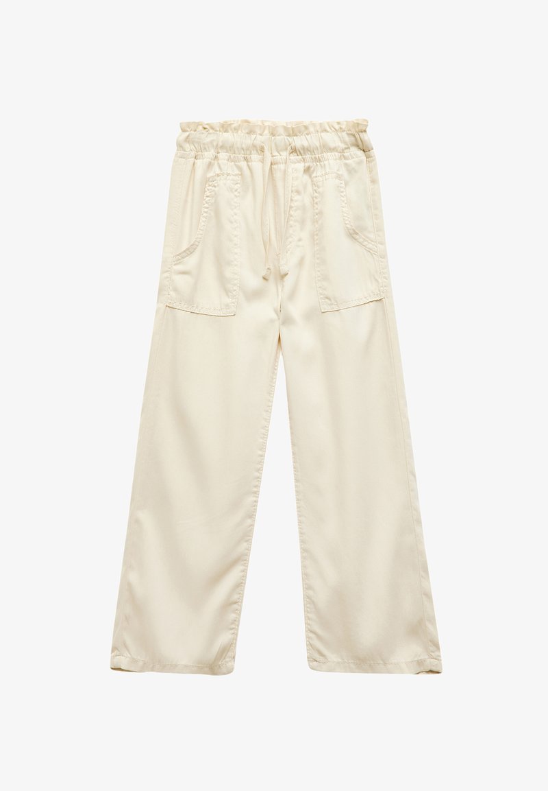 Light beige wide-leg pants made of soft fabric, featuring an elastic waistband with drawstring and two front pockets.