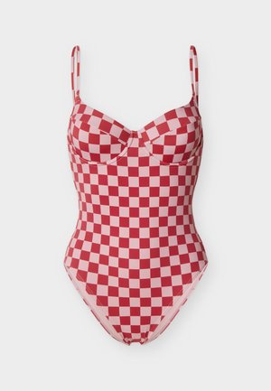 Enodelne kopalke z rdečim in rožnatim karo vzorcem, košaricami z oporo in nastavljivimi tankimi naramnicami na belem ozadju.