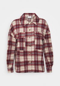 Koszula flanelowa w kratę w kolorach burgund, kremowym i granatowym. Posiada zapięcie na guziki z przodu, ostro zakończony kołnierzyk oraz dwie kieszenie na piersi. Miękka w dotyku.