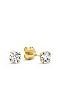 Boucles d'oreilles en or avec des pierres de zircon cubique transparentes rondes, fixées dans des montures à quatre griffes, offrant une finition lisse et polie.