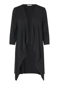 Cardigan leggero nero realizzato in tessuto morbido, con frontale aperto drappeggiato, maniche a tre quarti e orlo asimmetrico.