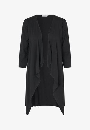 Black lightweight cardigan made from soft fabric, featuring a draped open front, three-quarter sleeves, and asymmetrical hemline.