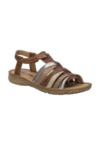 Brown leather sandal with silver and beige striped accents. Open toe design, adjustable strap, textured rubber sole with a patterned tread.