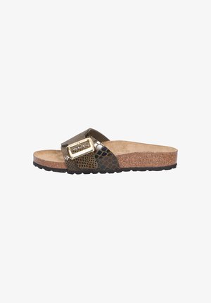 Brown cork slide sandal featuring a textured, dark green synthetic upper with a gold-tone rectangular buckle detail. Flat sole.