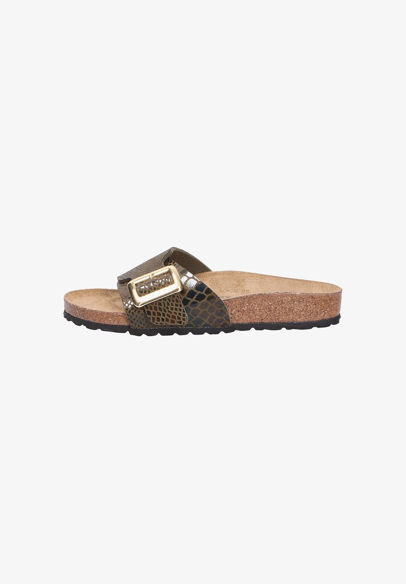 Bruine kurken slide-sandalen met een gestructureerde, donkergroene synthetische bovenkant en een gouden rechthoekige sluiting. Platte zool.