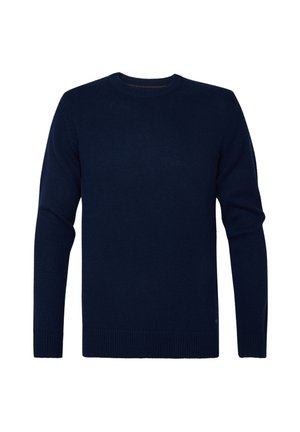 Marineblauer Rundhalspullover aus Strickstoff. Lange Ärmel mit gerippten Bündchen und Saum. Glatte Textur mit minimalem Hardware- oder Akzentaufwand.