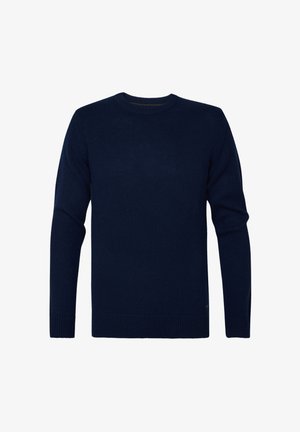 Granatowy sweter z okrągłym dekoltem wykonany z dzianiny. Długie rękawy z ribbowanymi mankietami i dołem. Gładka tekstura z minimalnymi dodatkami lub akcentami.