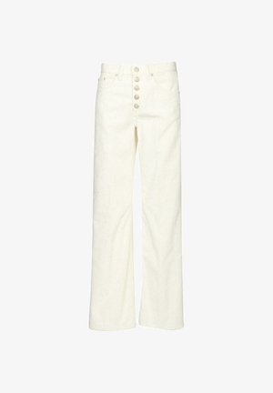 Pantaloni a gamba larga color crema con un motivo a strisce testurizzato, dotati di vita alta e chiusura frontale con cinque bottoni.
