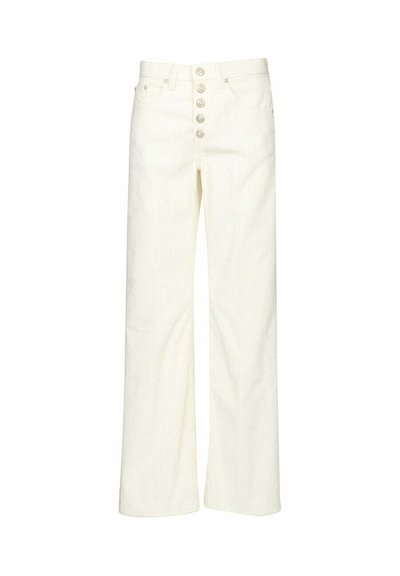Pantaloni a gamba larga color crema con un motivo a strisce testurizzato, dotati di vita alta e chiusura frontale con cinque bottoni.