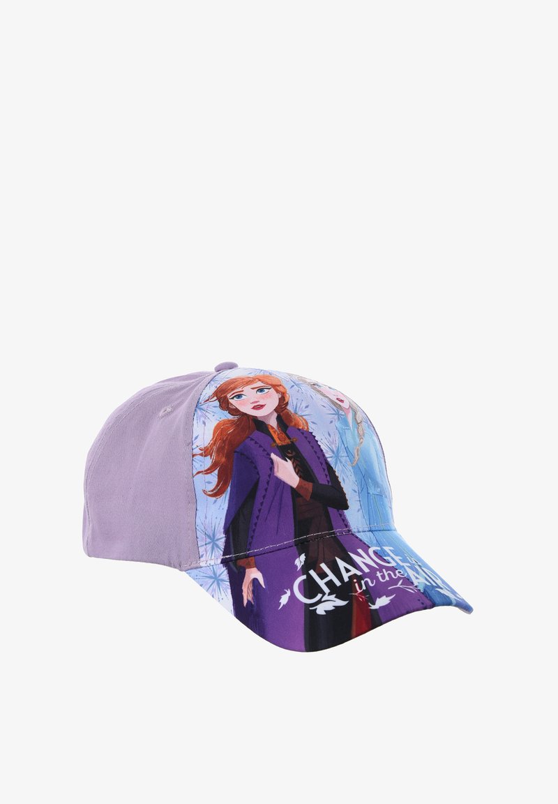 Casquette de baseball violette avec des graphismes de personnages. Tissu doux avec une visière structurée. Texte "CHANGE dans l'AIR" imprimé sur la visière.