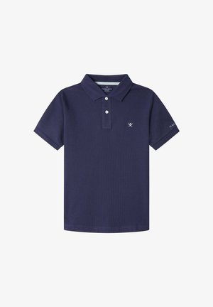 Polo bleu marine manches courtes avec deux boutons, col, petit logo chauves-souris croisées sur la poitrine et nom de la marque sur la manche gauche.