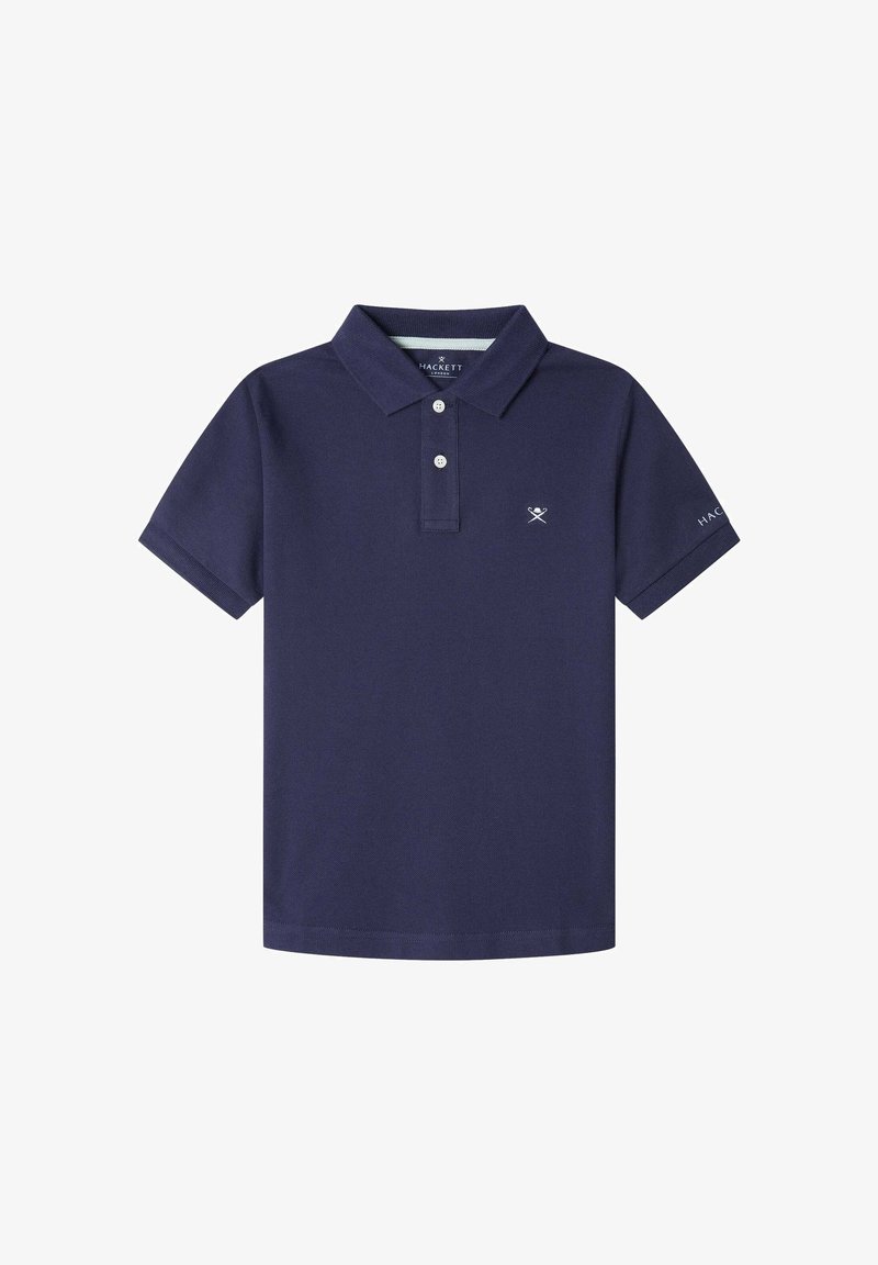 Polo bleu marine manches courtes avec deux boutons, col, petit logo chauves-souris croisées sur la poitrine et nom de la marque sur la manche gauche.