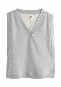 Top grigio senza maniche con scollo a V, realizzato in tessuto morbido, con cuciture laterali e un piccolo logo in basso a destra.