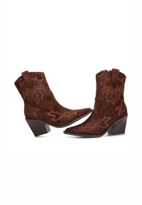 Botines de ante marrón con punta punteada, costuras decorativas en forma de estrella y tacón bajo apilado. Cuentan con tiradores a ambos lados.