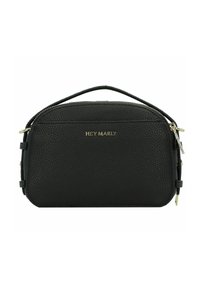 Schwarze, strukturierte Lederhandtasche in runder Form, ausgestattet mit einem Oberhandgriff und goldfarbenen Beschlägen. Vorne geprägt mit "HEY MARLY." Doppelter Reißverschluss.
