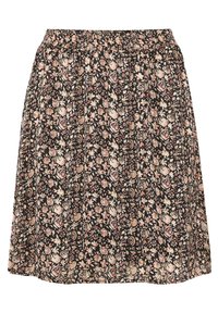 Jupe noire avec un petit imprimé floral rose, beige et blanc, dotée d'une ceinture élastique froncée et d'une silhouette légèrement évasée.