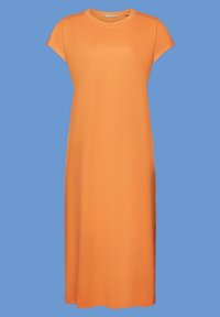 Robe midi orange à manches courtes, coupe décontractée, texture côtelée, encolure arrondie, fente latérale, réalisée en tissu léger. Vue de face.