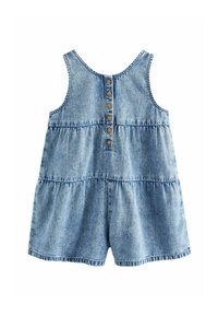 Jeans kombinezon u svijetloplavoj boji s bezrukavim dizajnom, zatvaranjem na tipke na leđima i skupljenim strukom za lepršavi izgled.