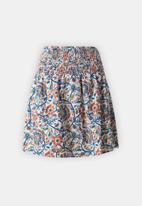 Falda con cinturilla fruncida elástica, que presenta un patrón floral multicolor con flores azules, rojas y amarillas sobre un fondo blanco.