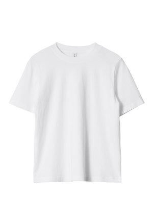 White cotton t-shirt with short sleeves, crew neck, and a relaxed fit. Smooth texture, no patterns or accents.