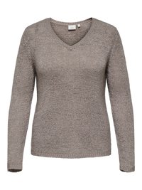 Gray knit sweater with a V-neck, long sleeves, and a textured surface. Loose-fitting design. No visible patterns or accents.