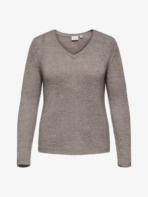 Grå strikkegenser med V-hals, lange ermer og teksturert overflate. Løs passform. Ingen synlige mønstre eller detaljer.