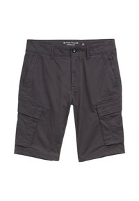 Shorts cargo gris faits en tissu léger, dotés de plusieurs poches et d'une fermeture à bouton avec passants de ceinture. Logo de la marque sur la poche latérale.