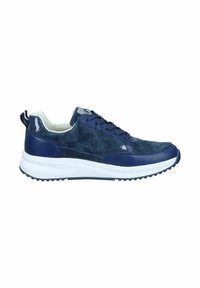 Blue synthetic and suede sneaker with a white sole, round toe, padded collar, and textured accents. Features flat laces and a rear pull tab.