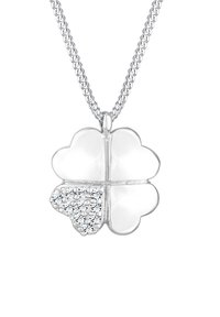 Silbernes Anhänger-Collier mit vierblättrigem Kleeblatt, das auf zwei Blättern eine glatte Oberfläche und auf einem Blatt einen mit Strass besetzten Bereich aufweist.