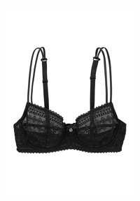 Soutien-gorge en dentelle noire avec un motif géométrique, design à armatures, bretelles réglables et un détail de nœud central avec accent doré.