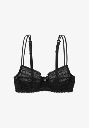 Soutien-gorge en dentelle noire avec un motif géométrique, design à armatures, bretelles réglables et un détail de nœud central avec accent doré.