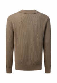Brauner Strickpullover mit strukturiertem Muster, langen Ärmeln und geripptem Kragen sowie Saum. Verfügt über ein lässiges Design und einen entspannten Schnitt.